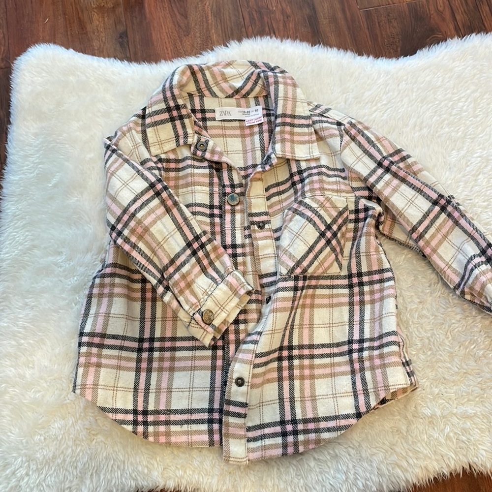 Zara kids pink and beige plaid overshirt, size 18-24 months.